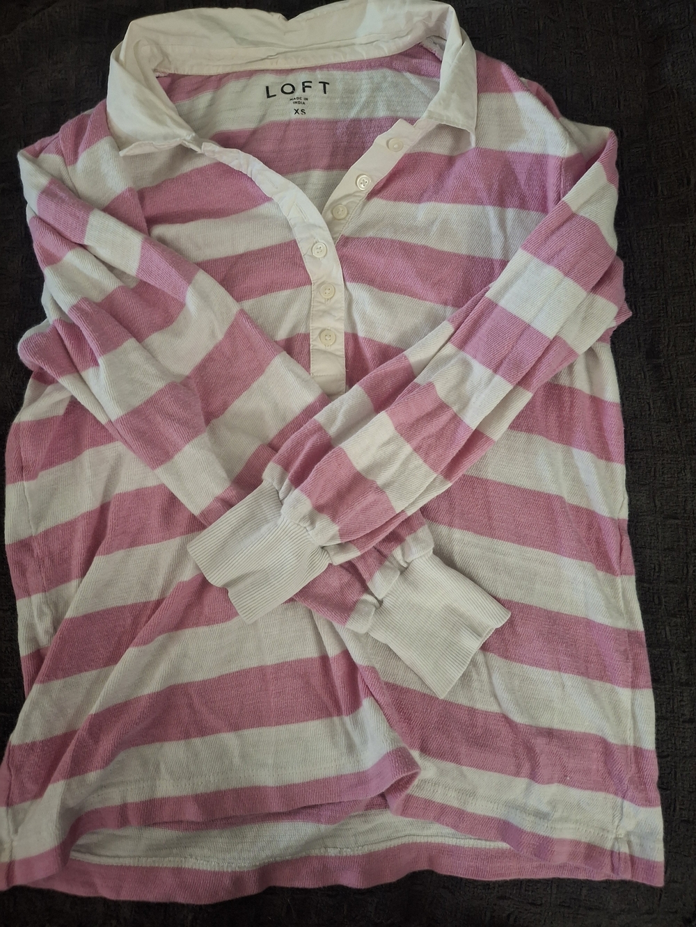 LOFT Pink and White Striped Long Sleeve Polo Top
